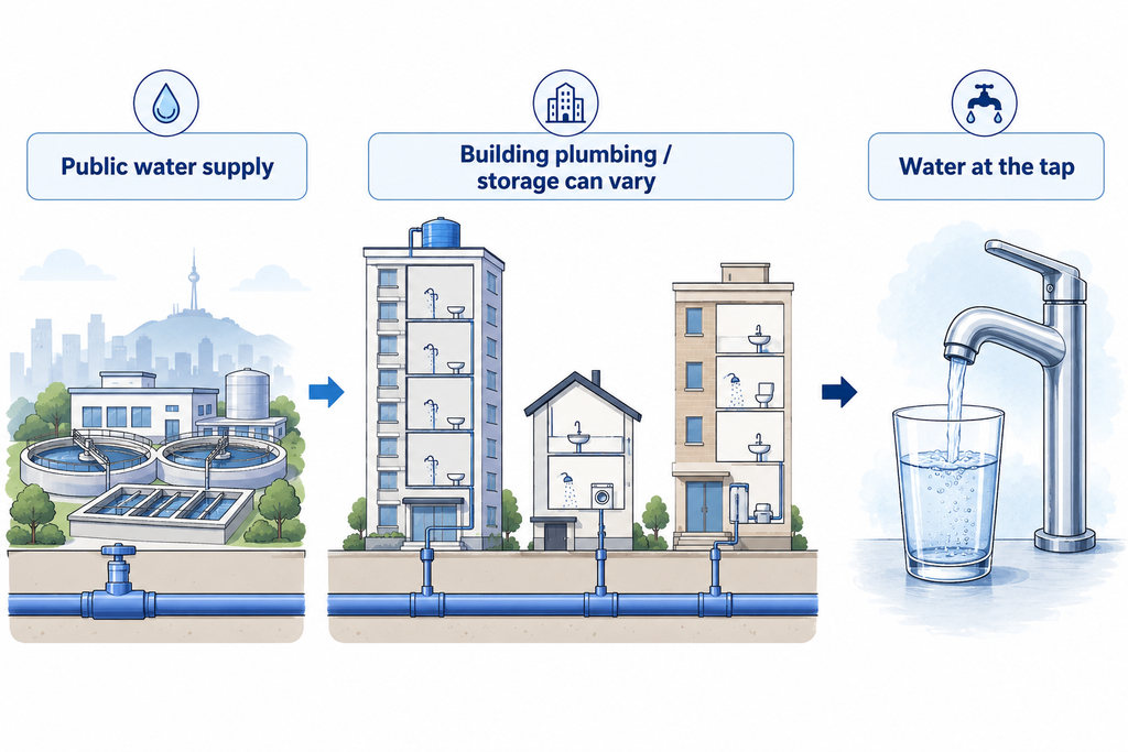 Conceptual graphic showing public water supply, varying building plumbing, and water reaching the tap