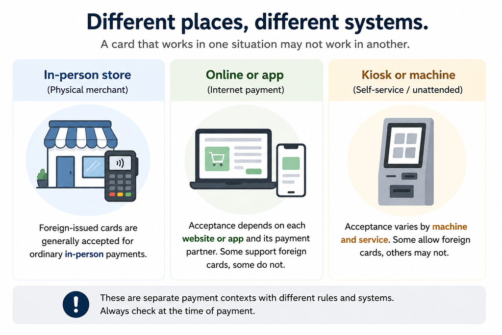 Conceptual graphic comparing foreign card use at in-person stores, online or app payments, and kiosks or machines in Korea